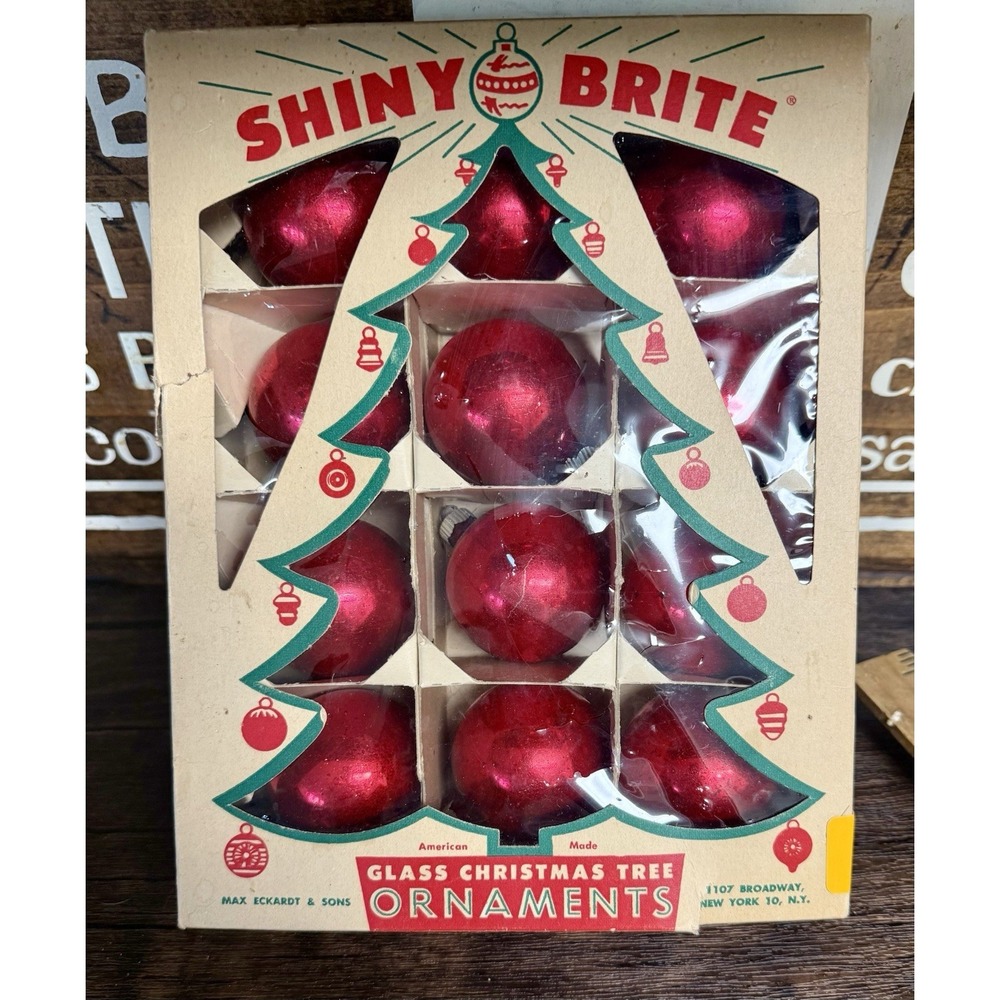Vintage Shiny Brite 12 RED Glass Christmas Tree Ornaments In Box